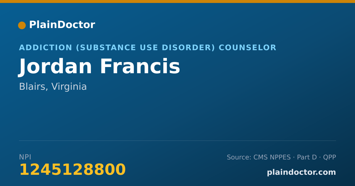 Shareable card for Jordan Francis - Addiction (Substance Use Disorder) Counselor, Blairs, VA