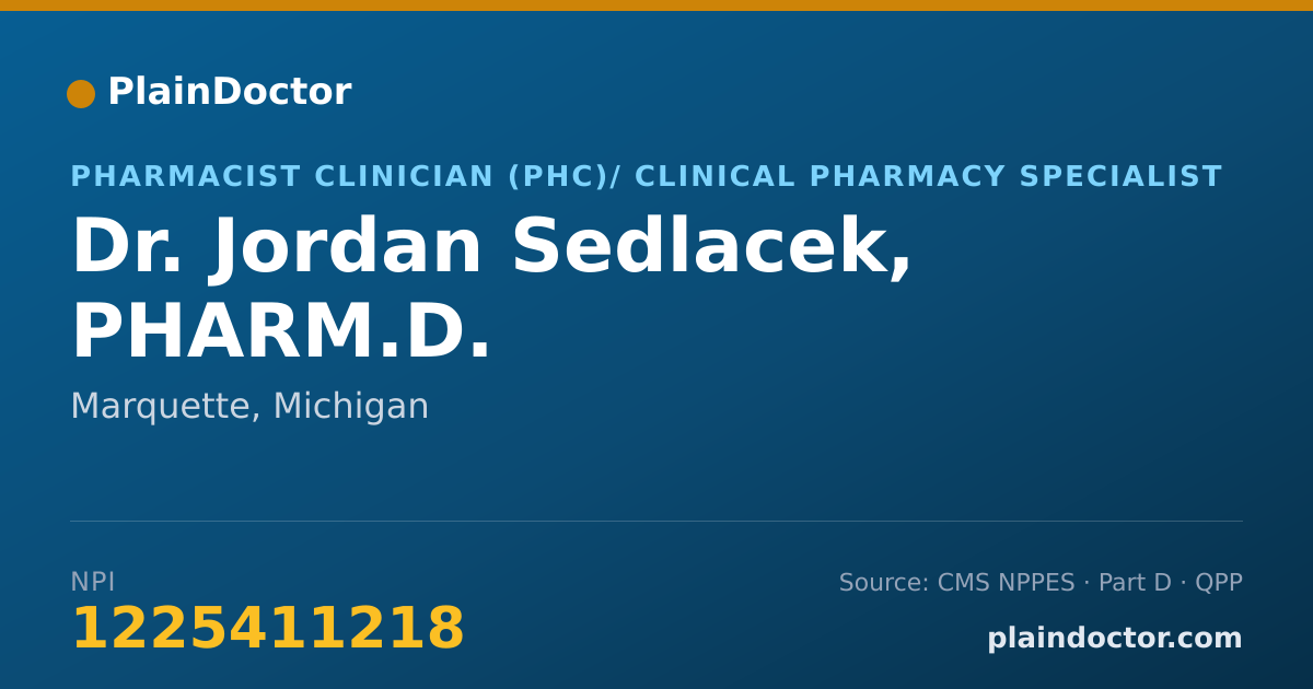 Shareable card for Jordan Sedlacek, PHARM.D. - Pharmacist Clinician (PhC)/ Clinical Pharmacy Specialist, Marquette, MI