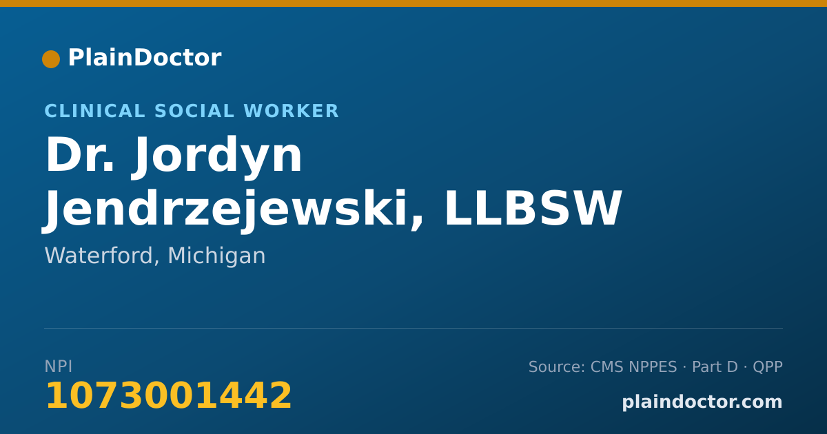 Shareable card for Jordyn Jendrzejewski, LLBSW - Clinical Social Worker, Waterford, MI