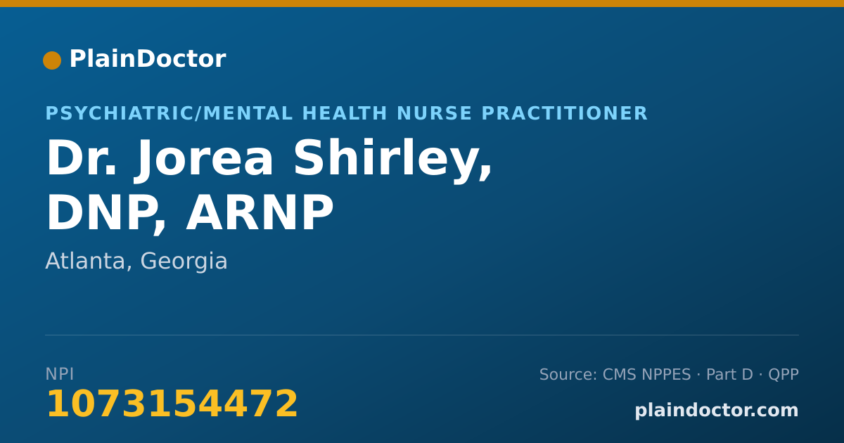 Shareable card for Jorea Shirley, DNP, ARNP - Psychiatric/Mental Health Nurse Practitioner, Atlanta, GA