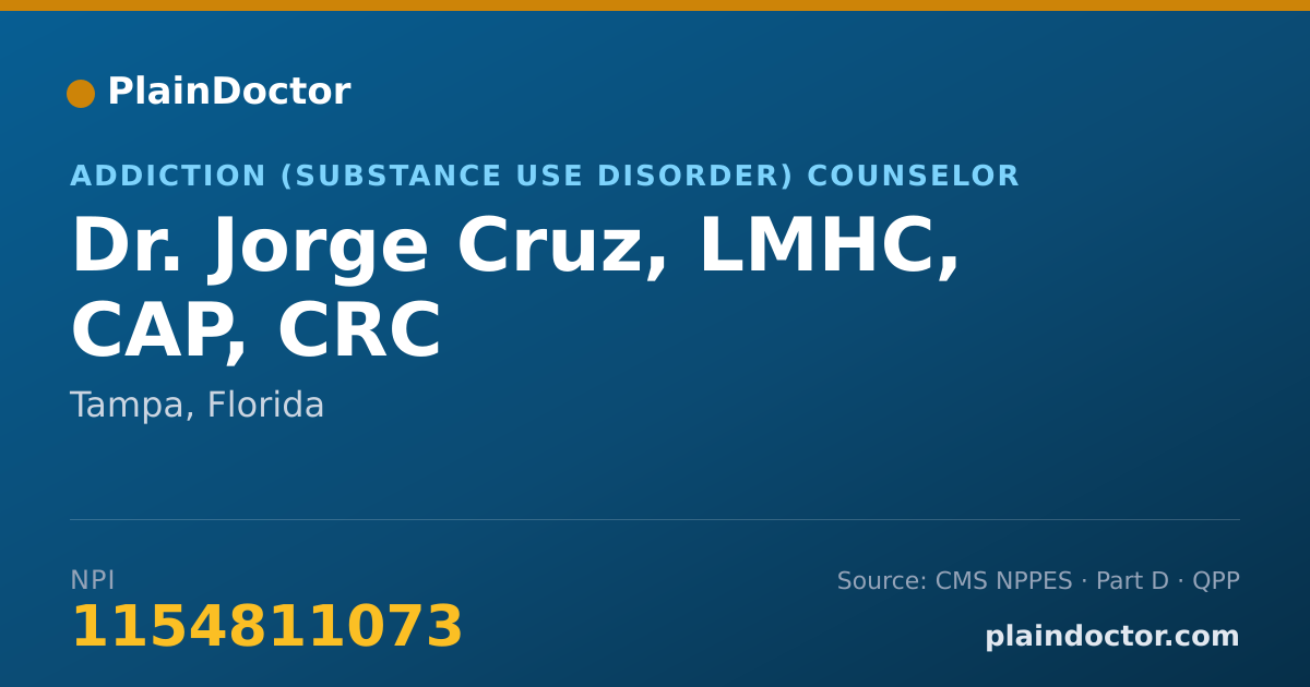 Shareable card for Jorge Cruz, LMHC, CAP, CRC - Addiction (Substance Use Disorder) Counselor, Tampa, FL