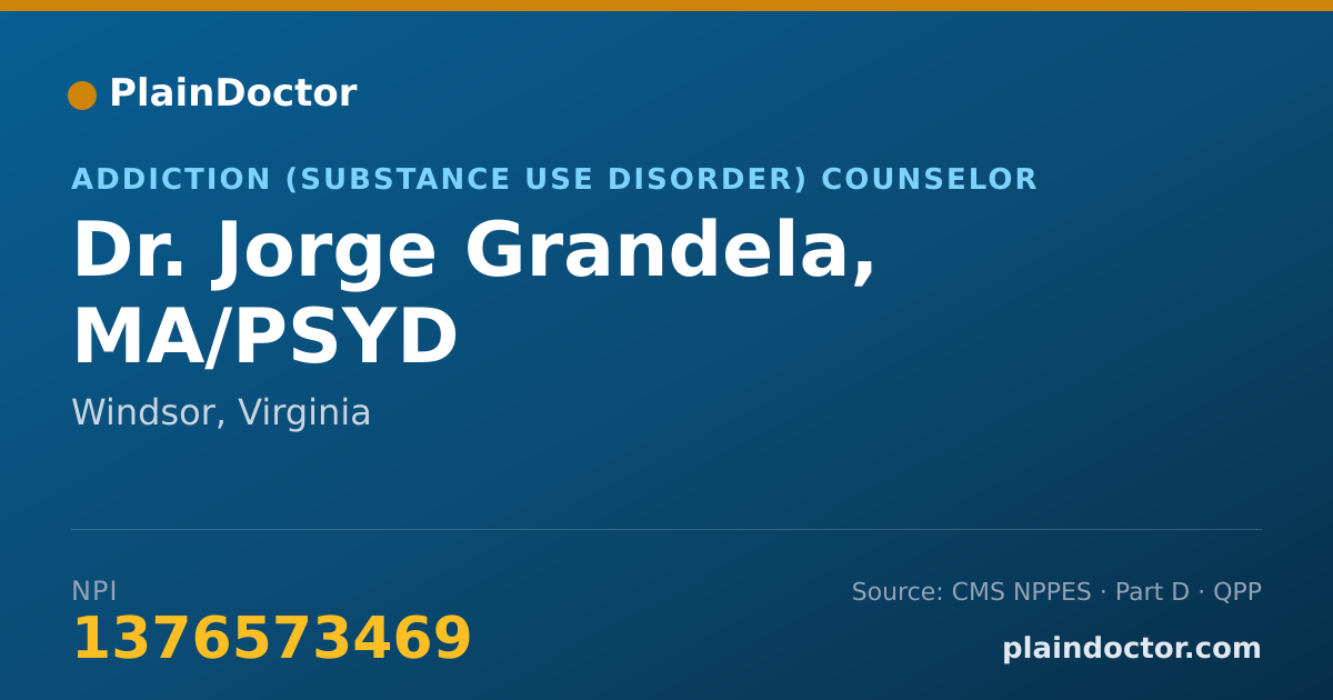 Shareable card for Jorge Grandela, MA/PSYD - Addiction (Substance Use Disorder) Counselor, Windsor, VA