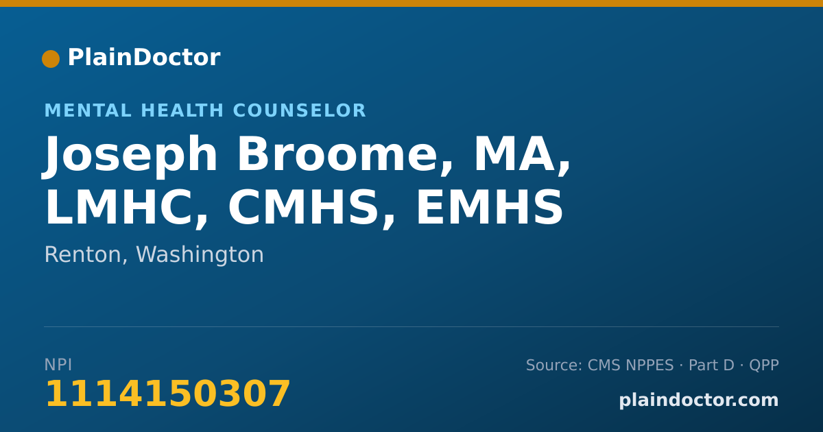 Shareable card for Joseph Broome, MA, LMHC, CMHS, EMHS - Mental Health Counselor, Renton, WA