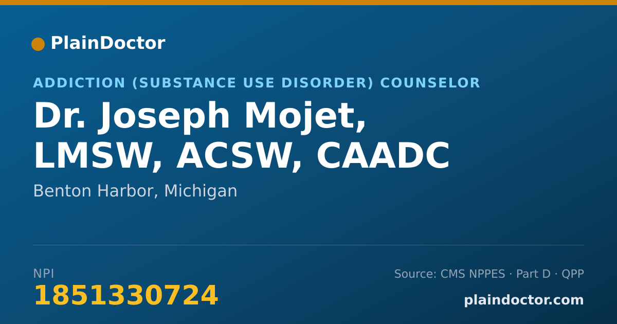 Shareable card for Joseph Mojet, LMSW, ACSW, CAADC - Addiction (Substance Use Disorder) Counselor, Benton Harbor, MI
