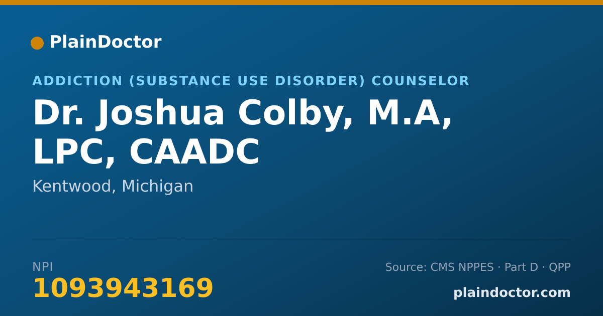Shareable card for Joshua Colby, M.A, LPC, CAADC - Addiction (Substance Use Disorder) Counselor, Kentwood, MI