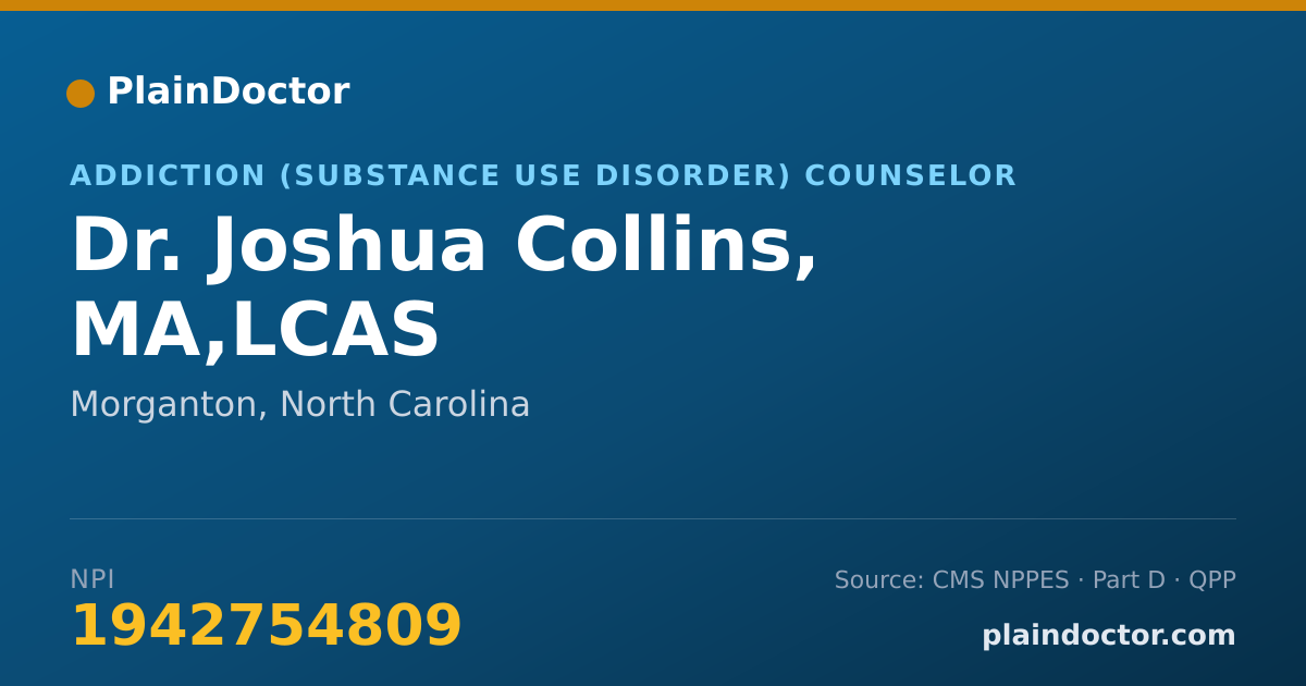 Shareable card for Joshua Collins, MA,LCAS - Addiction (Substance Use Disorder) Counselor, Morganton, NC