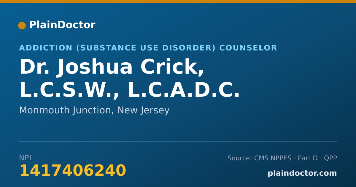 Shareable card for Joshua Crick, L.C.S.W., L.C.A.D.C. - Addiction (Substance Use Disorder) Counselor, Monmouth Junction, NJ