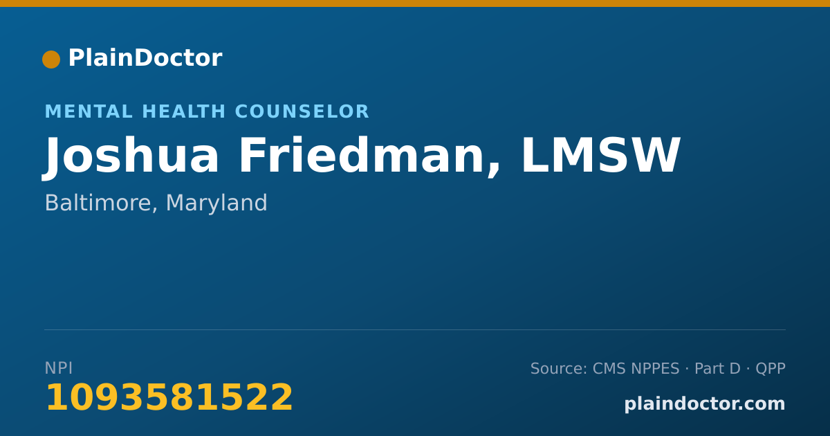 Shareable card for Joshua Friedman, LMSW - Mental Health Counselor, Baltimore, MD