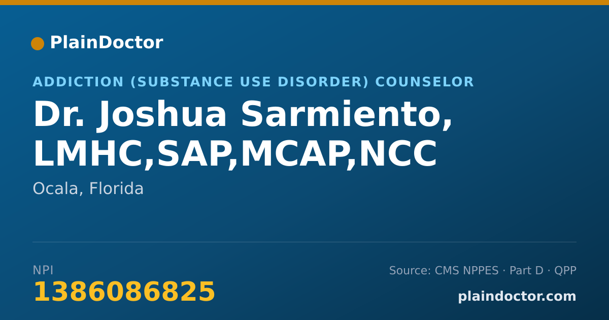 Shareable card for Joshua Sarmiento, LMHC,SAP,MCAP,NCC - Addiction (Substance Use Disorder) Counselor, Ocala, FL