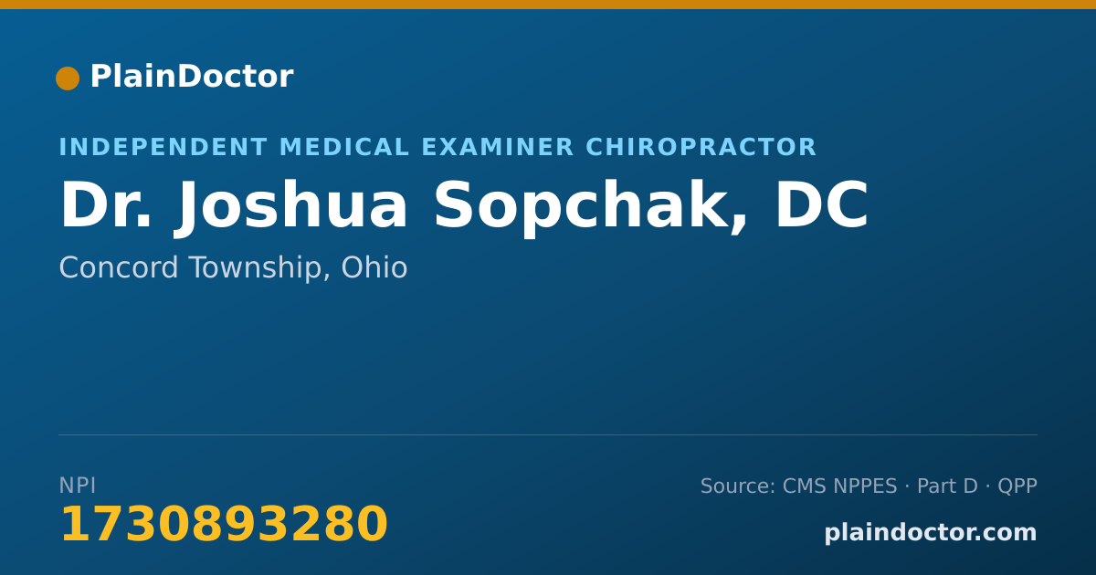 Shareable card for Joshua Sopchak, DC - Independent Medical Examiner Chiropractor, Concord Township, OH