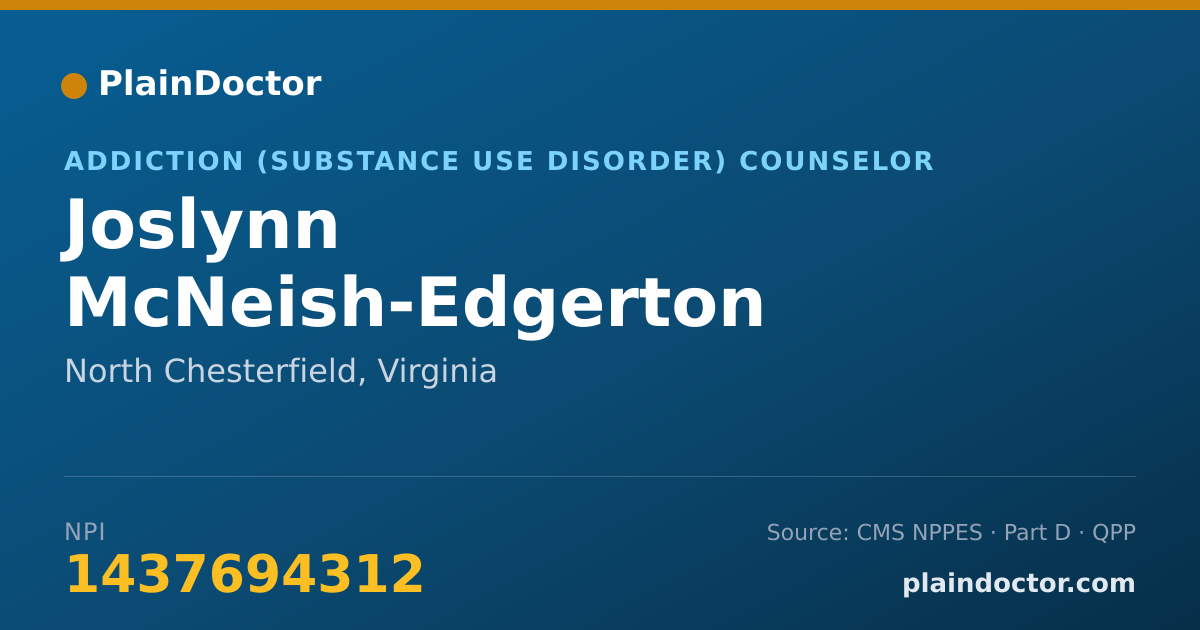 Shareable card for Joslynn McNeish-Edgerton - Addiction (Substance Use Disorder) Counselor, North Chesterfield, VA