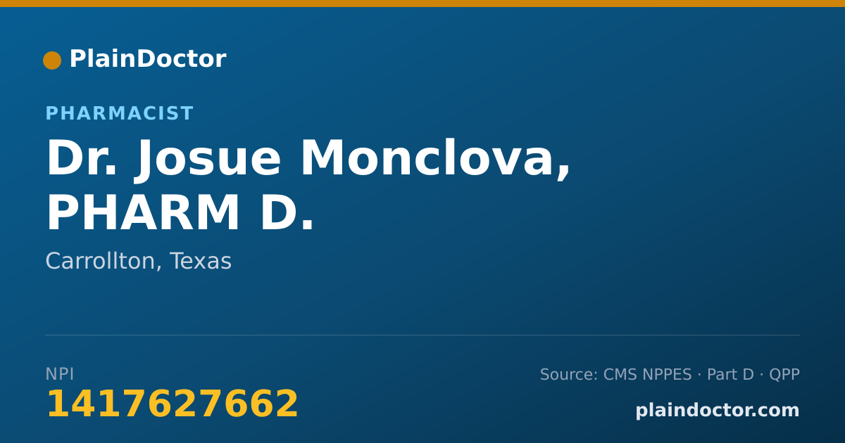 Shareable card for Josue Monclova, PHARM D. - Pharmacist, Carrollton, TX