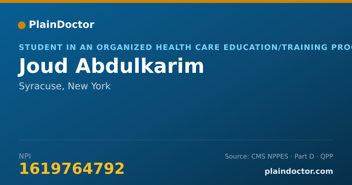 Shareable card for Joud Abdulkarim - Student in an Organized Health Care Education/Training Program, Syracuse, NY