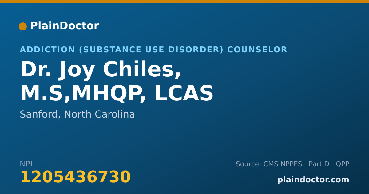 Shareable card for Joy Chiles, M.S,MHQP, LCAS - Addiction (Substance Use Disorder) Counselor, Sanford, NC