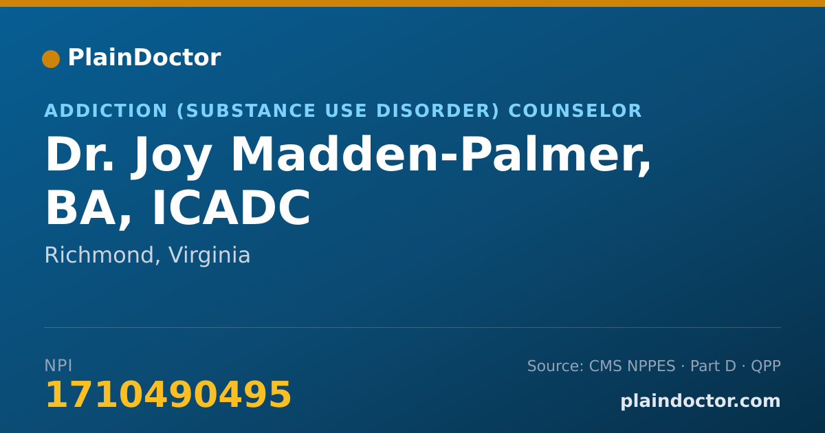 Shareable card for Joy Madden-Palmer, BA, ICADC - Addiction (Substance Use Disorder) Counselor, Richmond, VA