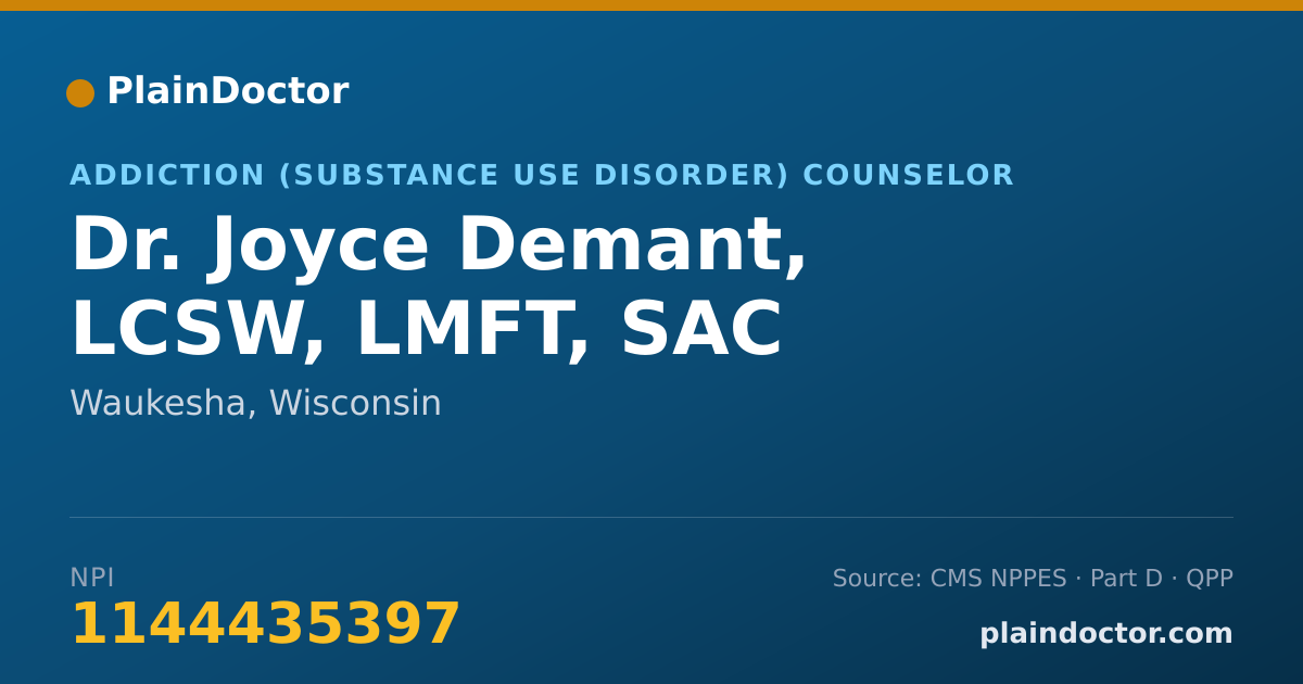 Shareable card for Joyce Demant, LCSW, LMFT, SAC - Addiction (Substance Use Disorder) Counselor, Waukesha, WI