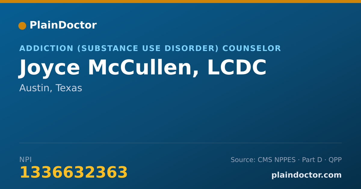 Shareable card for Joyce McCullen, LCDC - Addiction (Substance Use Disorder) Counselor, Austin, TX