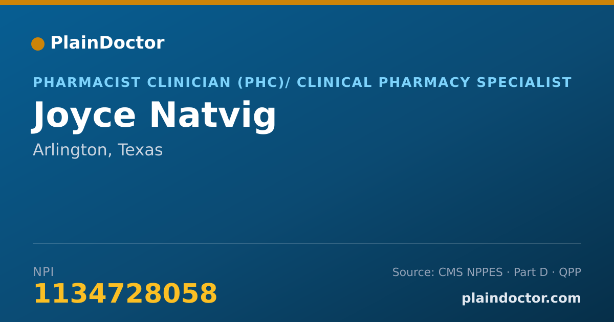 Shareable card for Joyce Natvig - Pharmacist Clinician (PhC)/ Clinical Pharmacy Specialist, Arlington, TX