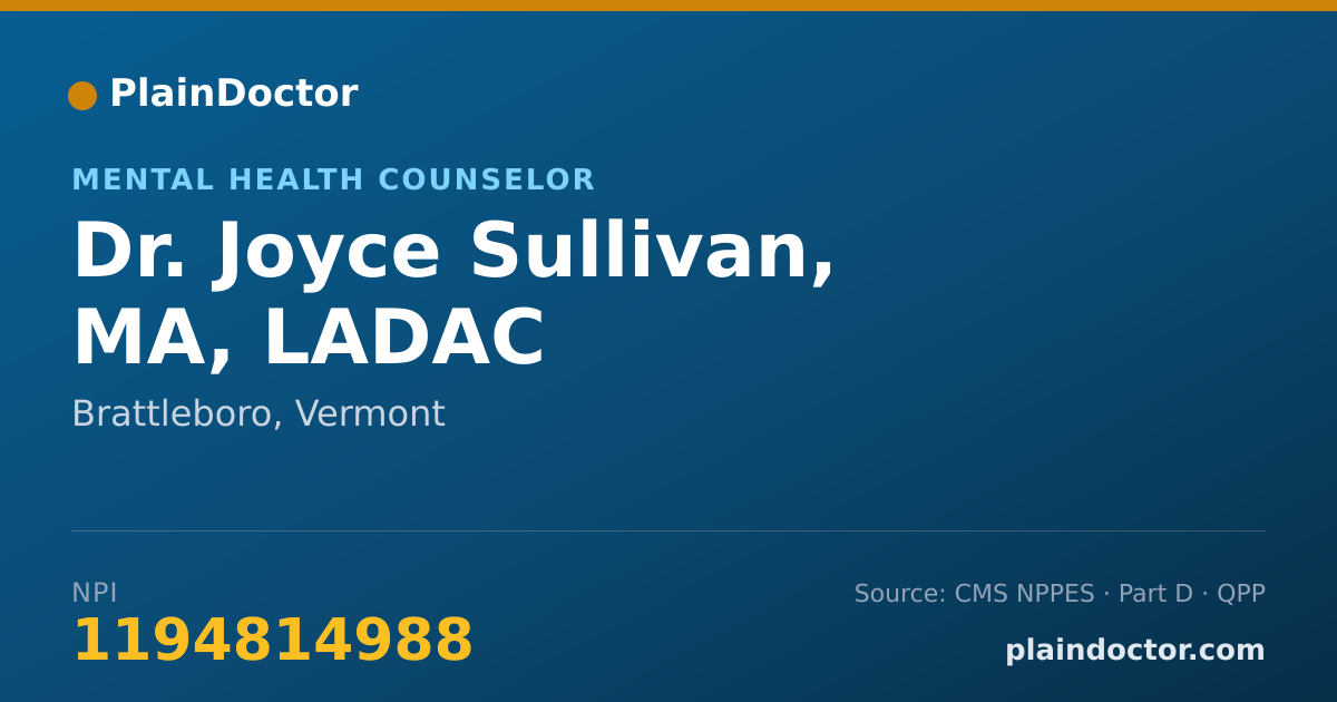 Shareable card for Joyce Sullivan, MA, LADAC - Mental Health Counselor, Brattleboro, VT
