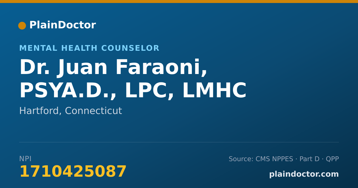 Shareable card for Juan Faraoni, PSYA.D., LPC, LMHC - Mental Health Counselor, Hartford, CT