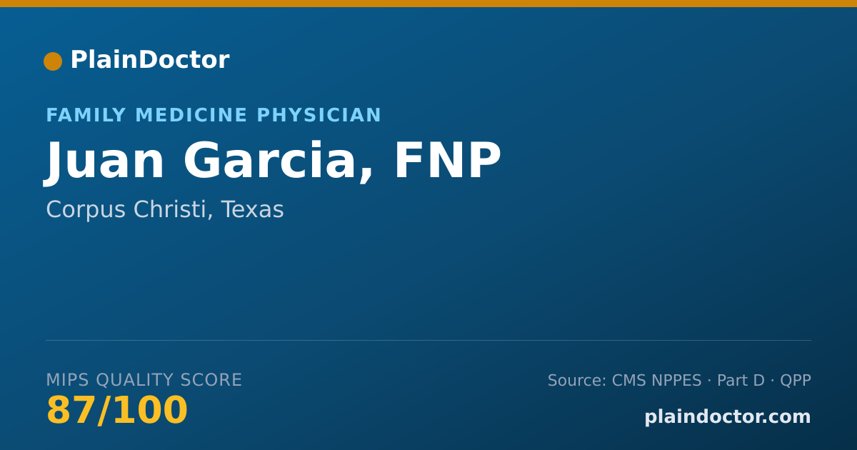 Shareable card for Juan Garcia, FNP - Family Medicine Physician, Corpus Christi, TX