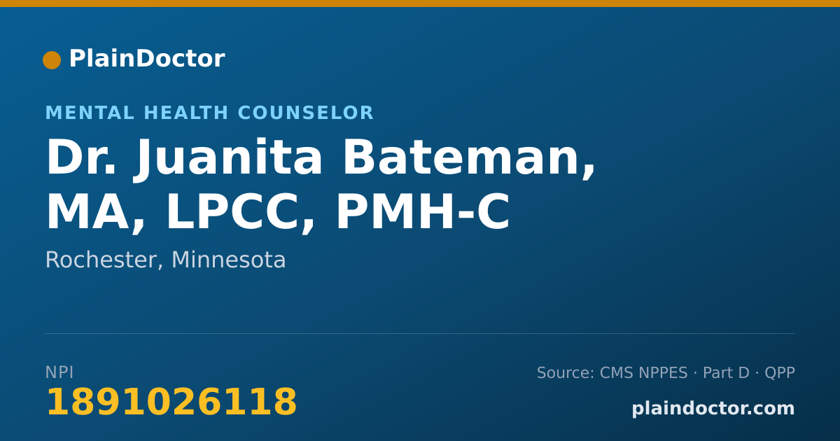 Shareable card for Juanita Bateman, MA, LPCC, PMH-C - Mental Health Counselor, Rochester, MN
