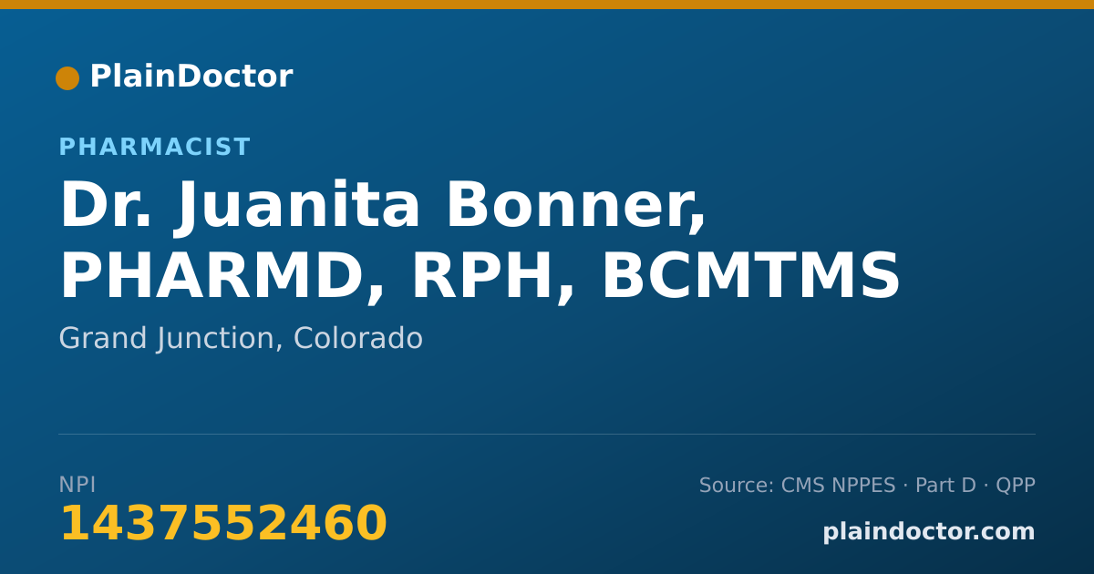 Shareable card for Juanita Bonner, PHARMD, RPH, BCMTMS - Pharmacist, Grand Junction, CO