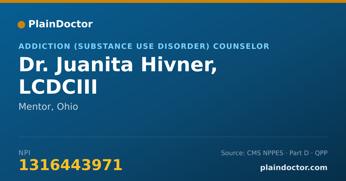 Shareable card for Juanita Hivner, LCDCIII - Addiction (Substance Use Disorder) Counselor, Mentor, OH