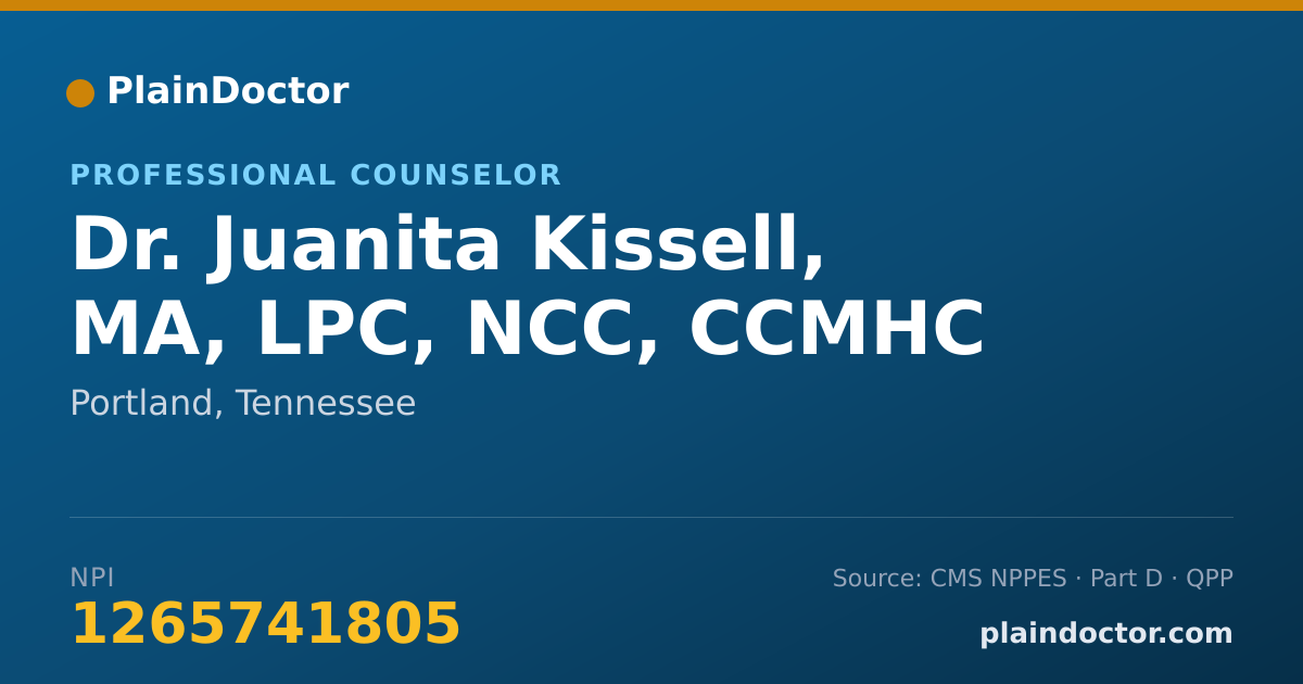 Shareable card for Juanita Kissell, MA, LPC, NCC, CCMHC - Professional Counselor, Portland, TN