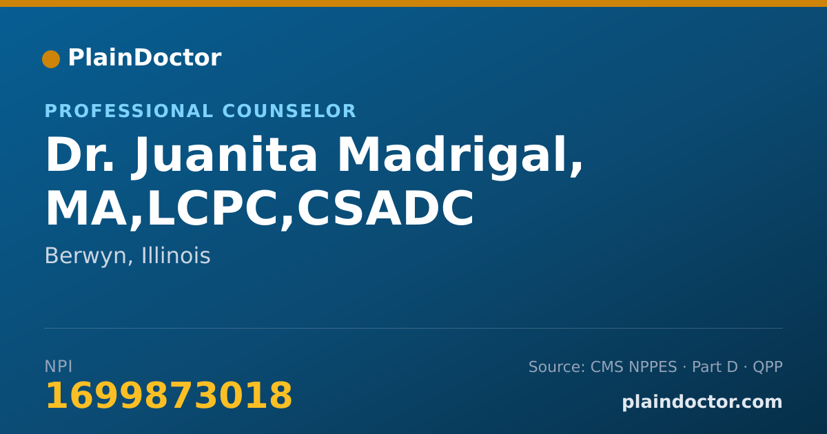Shareable card for Juanita Madrigal, MA,LCPC,CSADC - Professional Counselor, Berwyn, IL