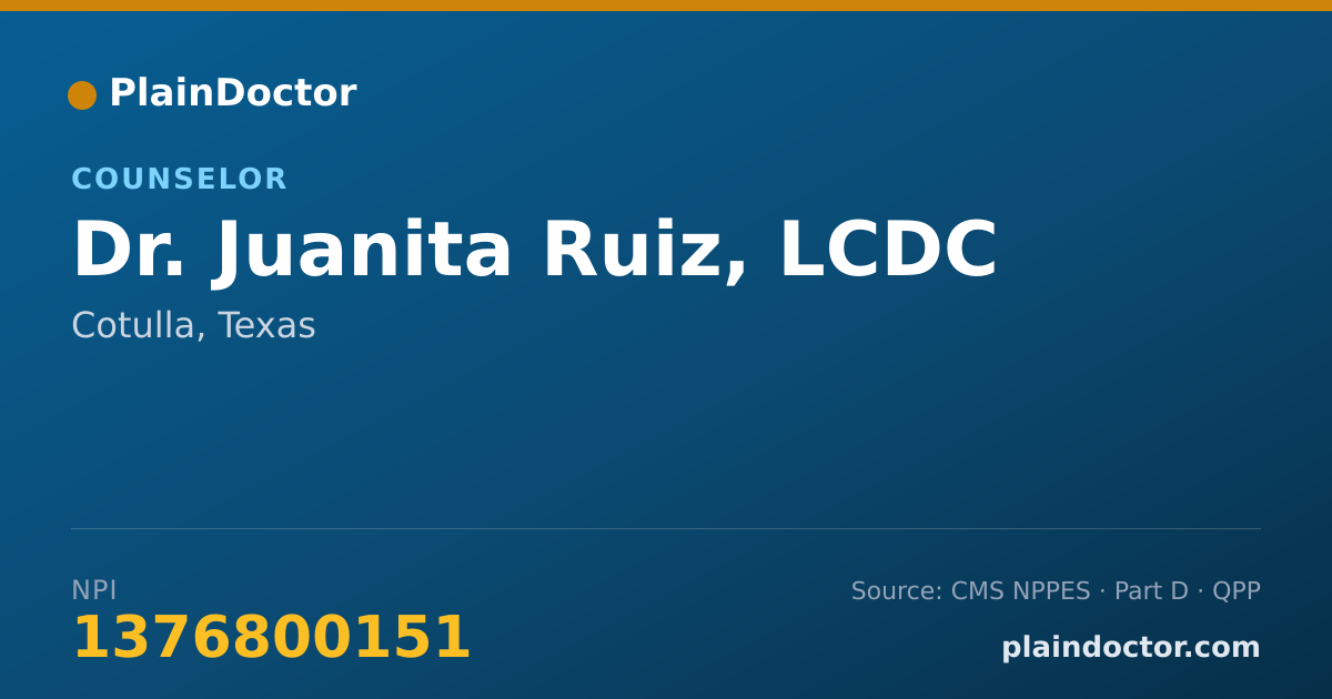Shareable card for Juanita Ruiz, LCDC - Counselor, Cotulla, TX