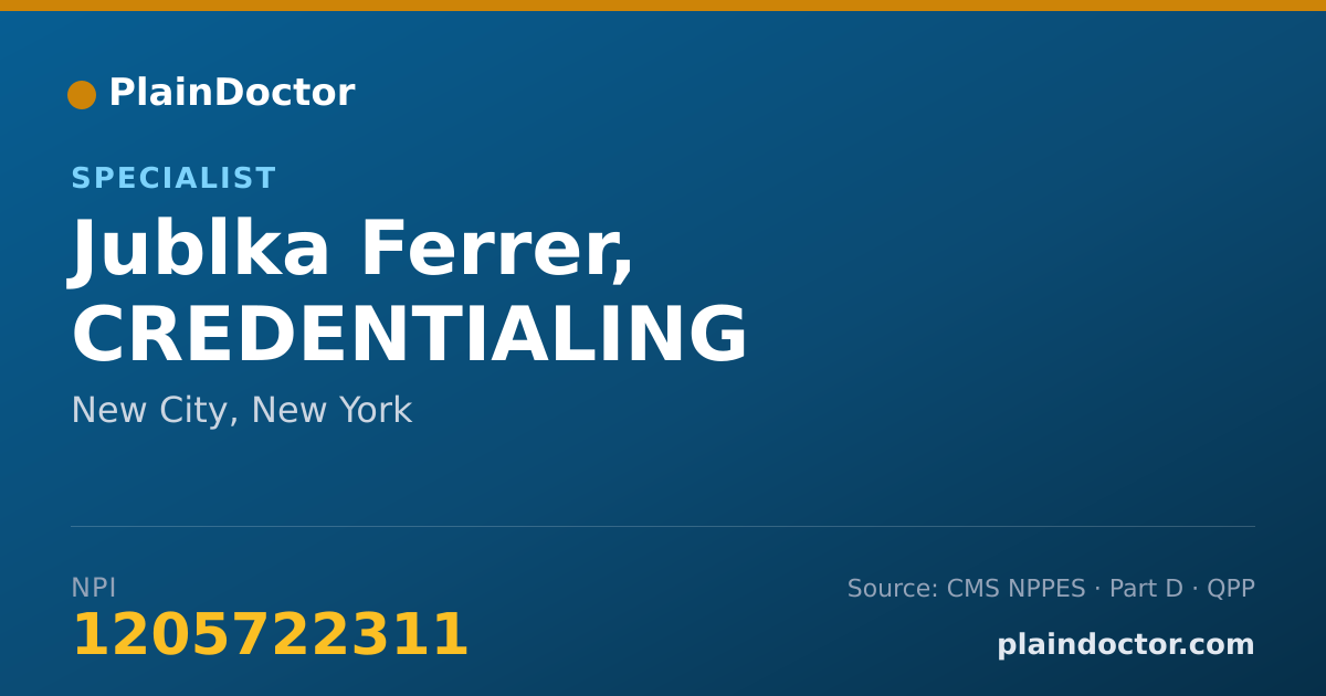 Shareable card for Jublka Ferrer, CREDENTIALING - Specialist, New City, NY