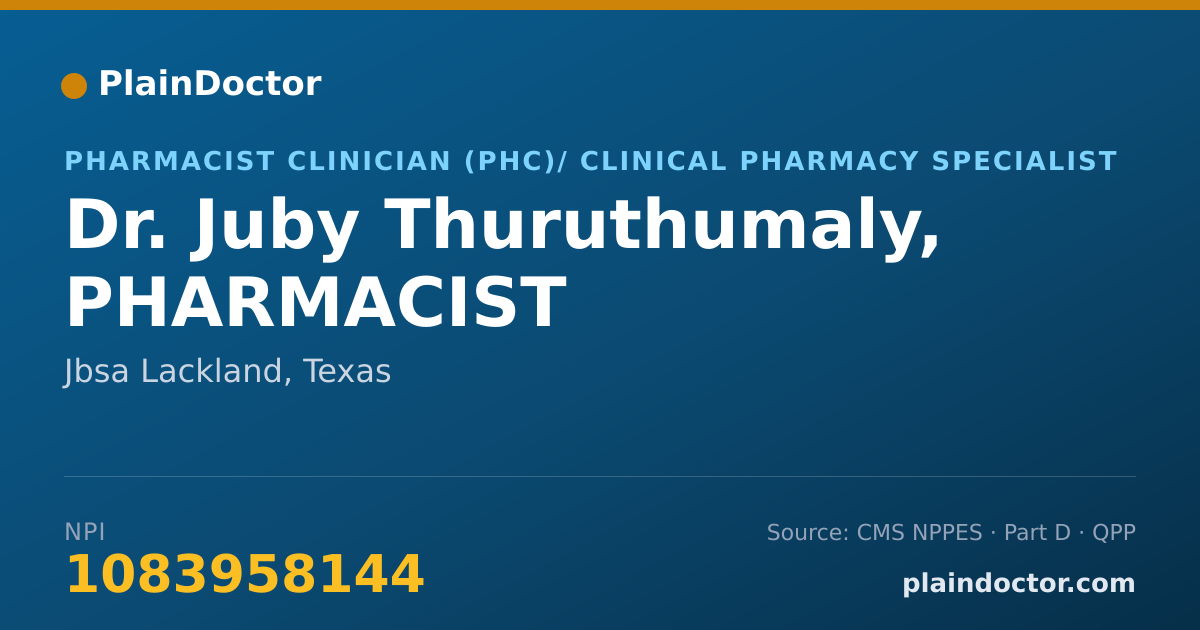 Shareable card for Juby Thuruthumaly, PHARMACIST - Pharmacist Clinician (PhC)/ Clinical Pharmacy Specialist, Jbsa Lackland, TX
