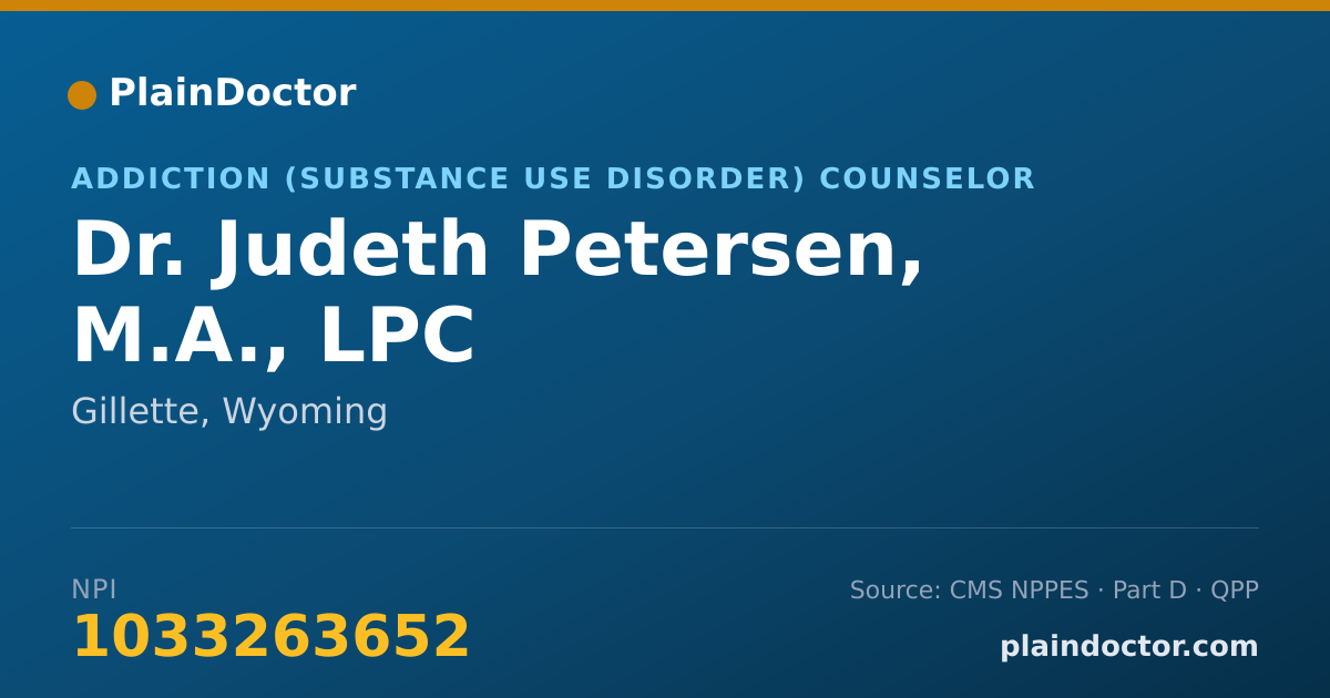 Shareable card for Judeth Petersen, M.A., LPC - Addiction (Substance Use Disorder) Counselor, Gillette, WY