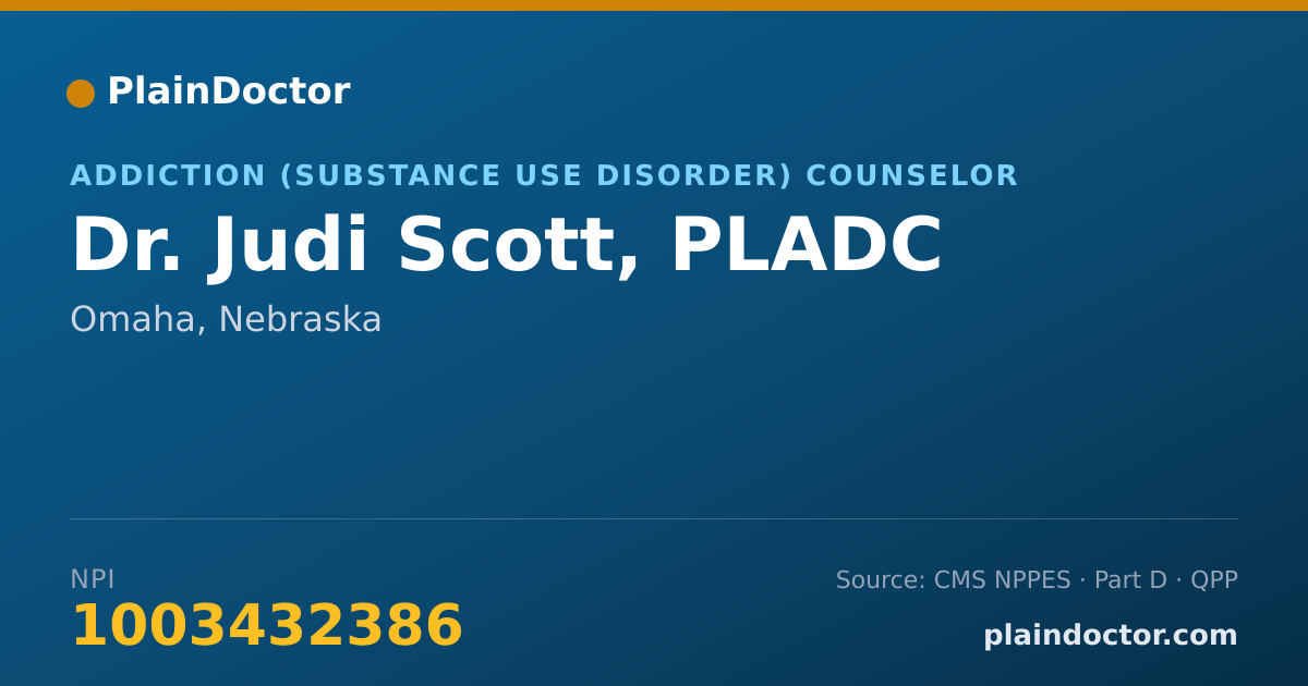 Shareable card for Judi Scott, PLADC - Addiction (Substance Use Disorder) Counselor, Omaha, NE