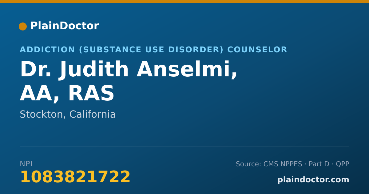 Shareable card for Judith Anselmi, AA, RAS - Addiction (Substance Use Disorder) Counselor, Stockton, CA
