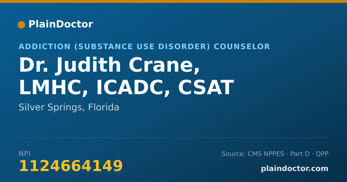 Shareable card for Judith Crane, LMHC, ICADC, CSAT - Addiction (Substance Use Disorder) Counselor, Silver Springs, FL