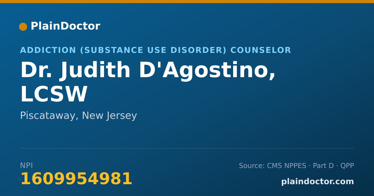Shareable card for Judith D'Agostino, LCSW - Addiction (Substance Use Disorder) Counselor, Piscataway, NJ