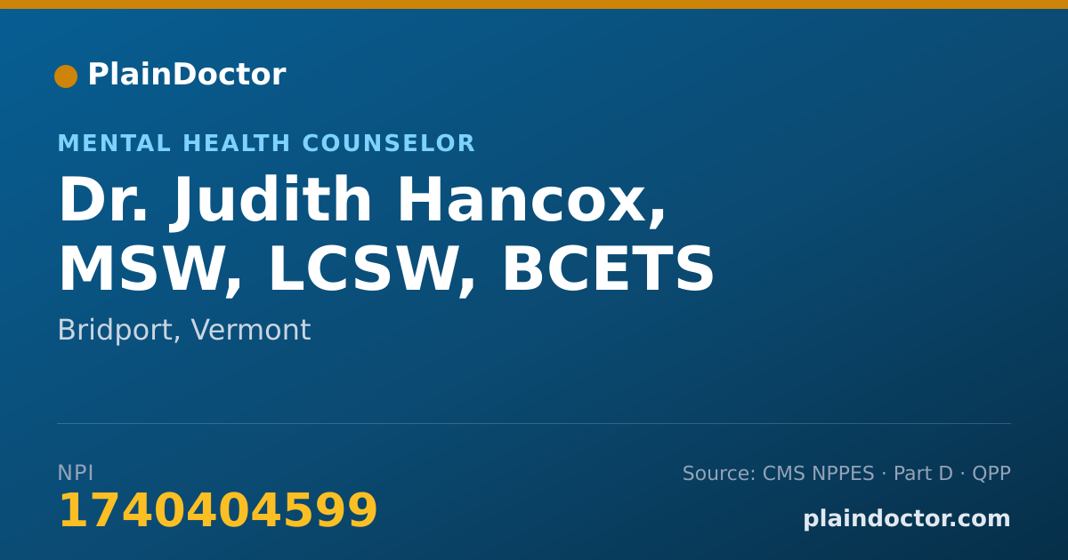 Shareable card for Judith Hancox, MSW, LCSW, BCETS - Mental Health Counselor, Bridport, VT