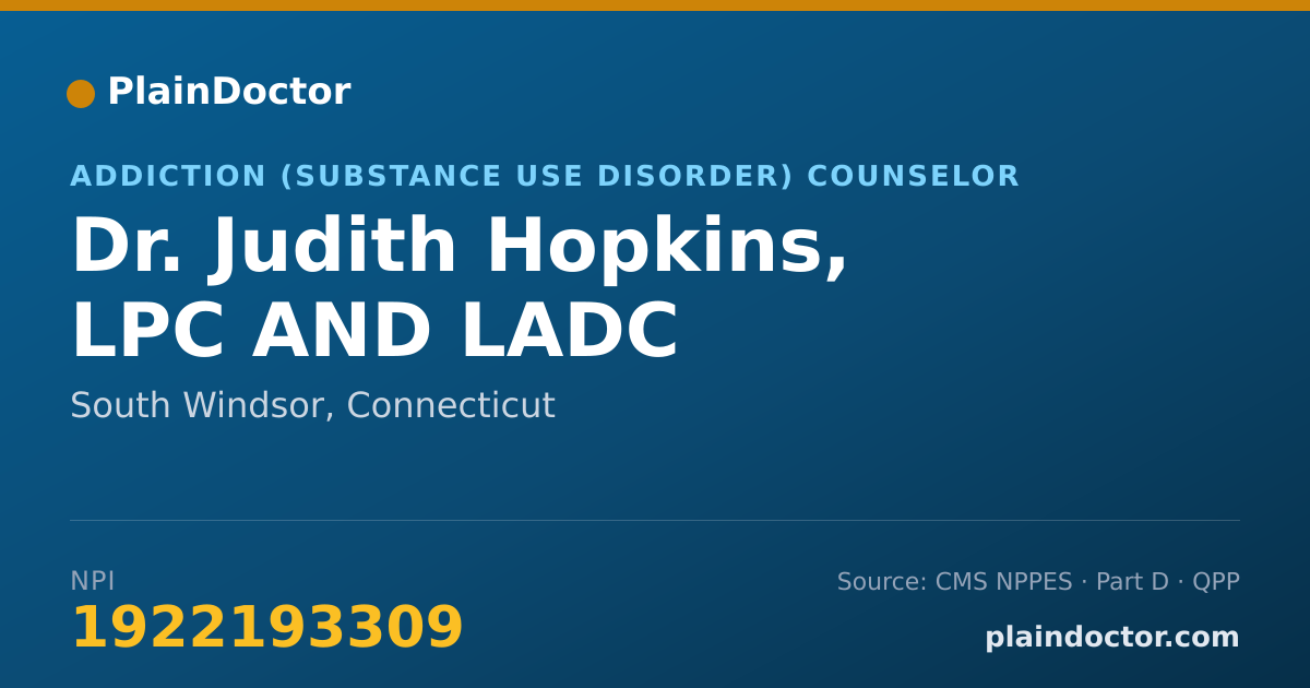 Shareable card for Judith Hopkins, LPC AND LADC - Addiction (Substance Use Disorder) Counselor, South Windsor, CT