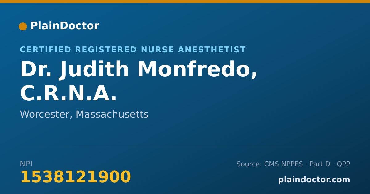 Shareable card for Judith Monfredo, C.R.N.A. - Certified Registered Nurse Anesthetist, Worcester, MA