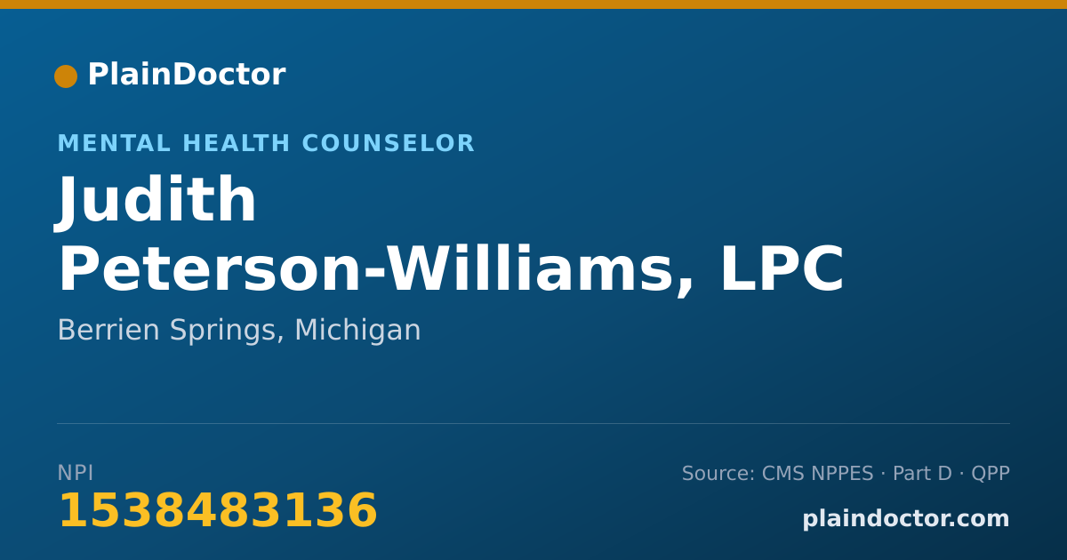Shareable card for Judith Peterson-Williams, LPC - Mental Health Counselor, Berrien Springs, MI
