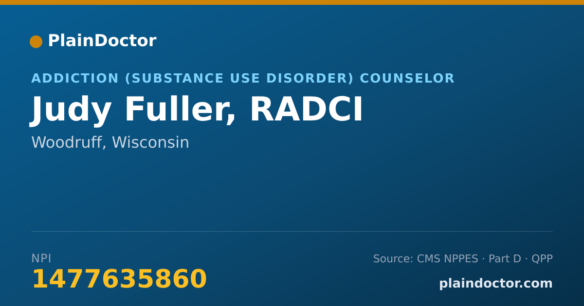 Shareable card for Judy Fuller, RADCI - Addiction (Substance Use Disorder) Counselor, Woodruff, WI