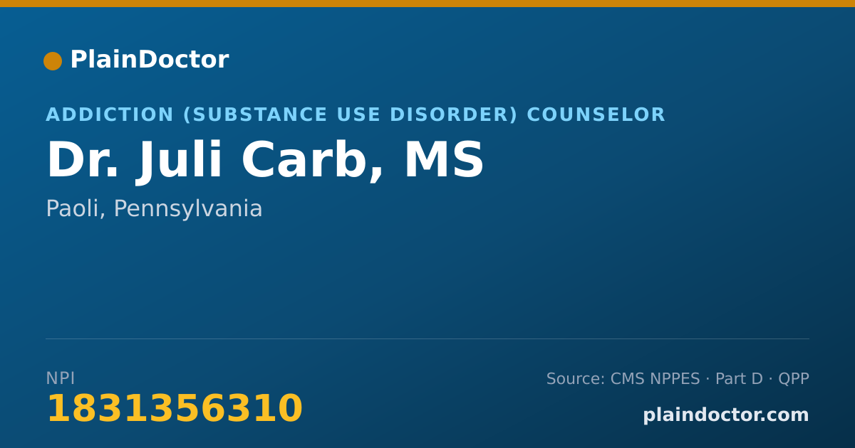 Shareable card for Juli Carb, MS - Addiction (Substance Use Disorder) Counselor, Paoli, PA