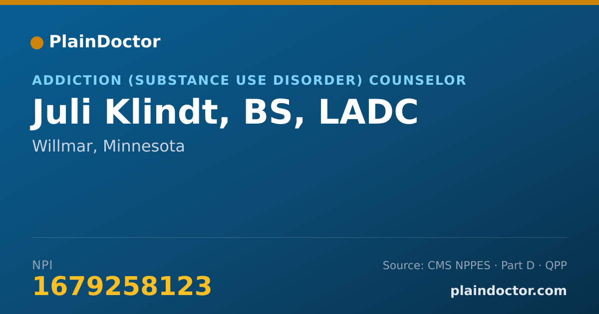 Shareable card for Juli Klindt, BS, LADC - Addiction (Substance Use Disorder) Counselor, Willmar, MN