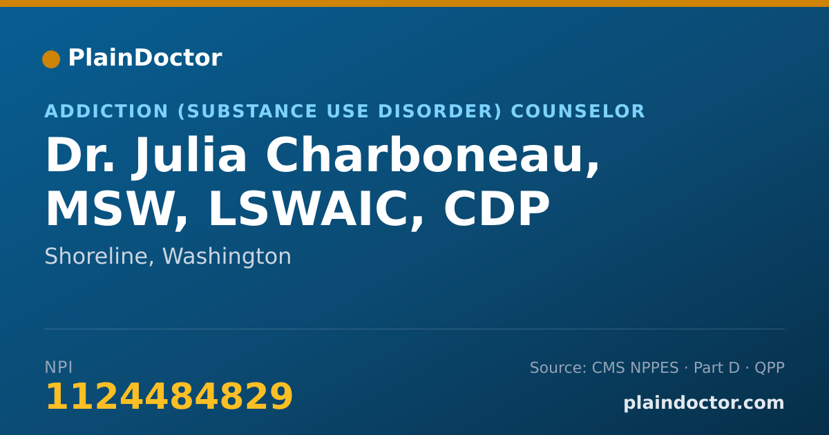 Shareable card for Julia Charboneau, MSW, LSWAIC, CDP - Addiction (Substance Use Disorder) Counselor, Shoreline, WA