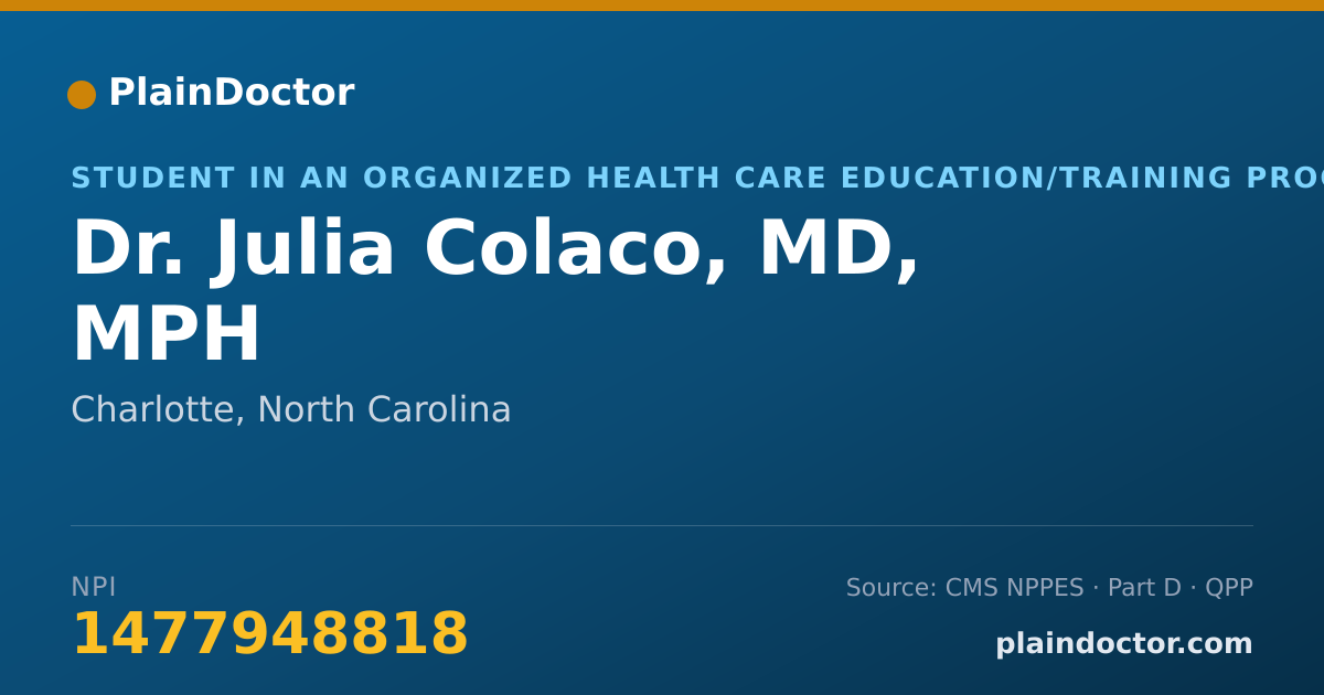 Shareable card for Julia Colaco, MD, MPH - Student in an Organized Health Care Education/Training Program, Charlotte, NC