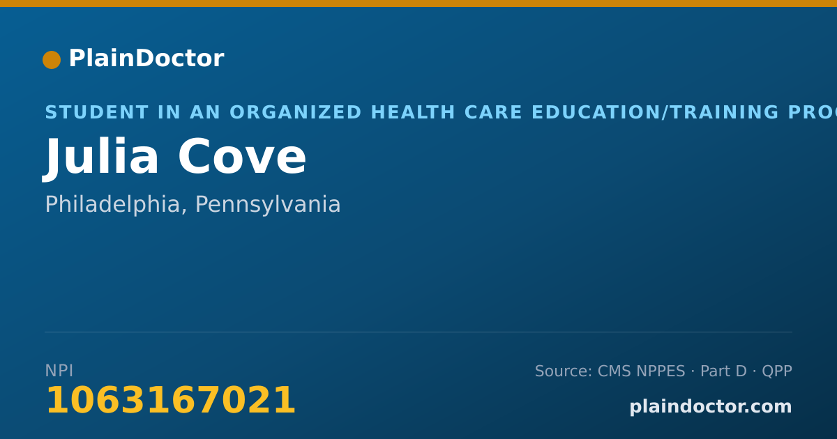 Shareable card for Julia Cove - Student in an Organized Health Care Education/Training Program, Philadelphia, PA