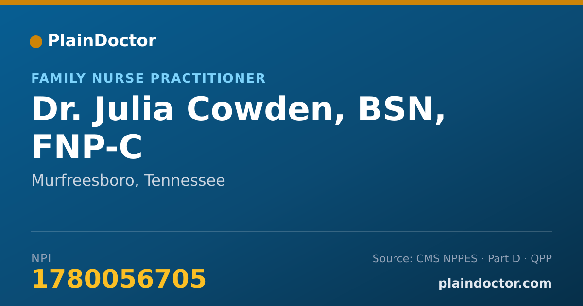 Shareable card for Julia Cowden, BSN, FNP-C - Family Nurse Practitioner, Murfreesboro, TN