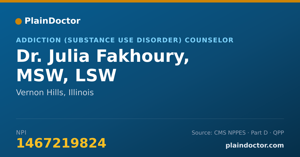 Shareable card for Julia Fakhoury, MSW, LSW - Addiction (Substance Use Disorder) Counselor, Vernon Hills, IL